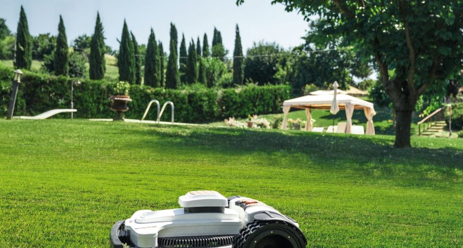 Prato inglese perfetto con robot tagliaerba in funzione